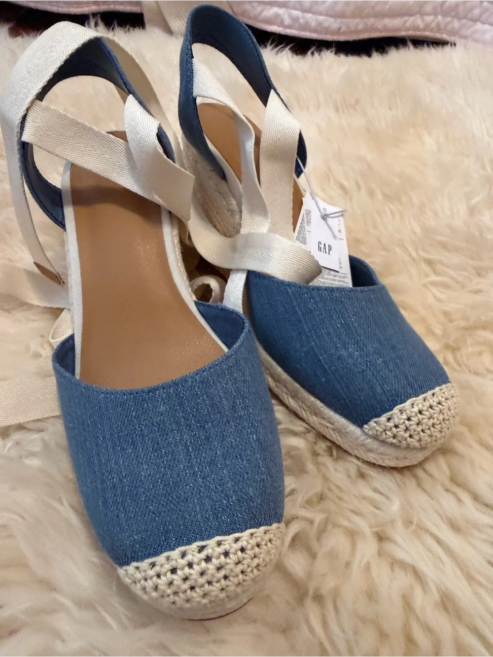 GAP Denim Blue Espadrille Wedge Sandals with Cream Ankle Wrap